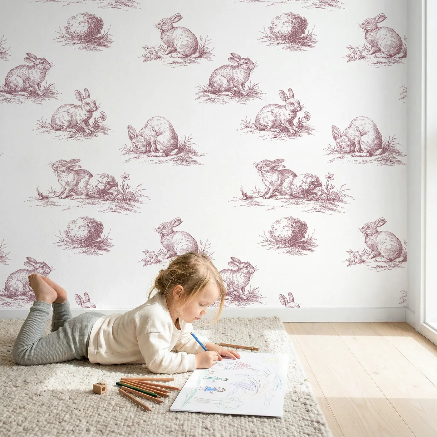 Bunny Toile Scene in Pink wallpaper in a cozy kids room - Whimsy Tots
