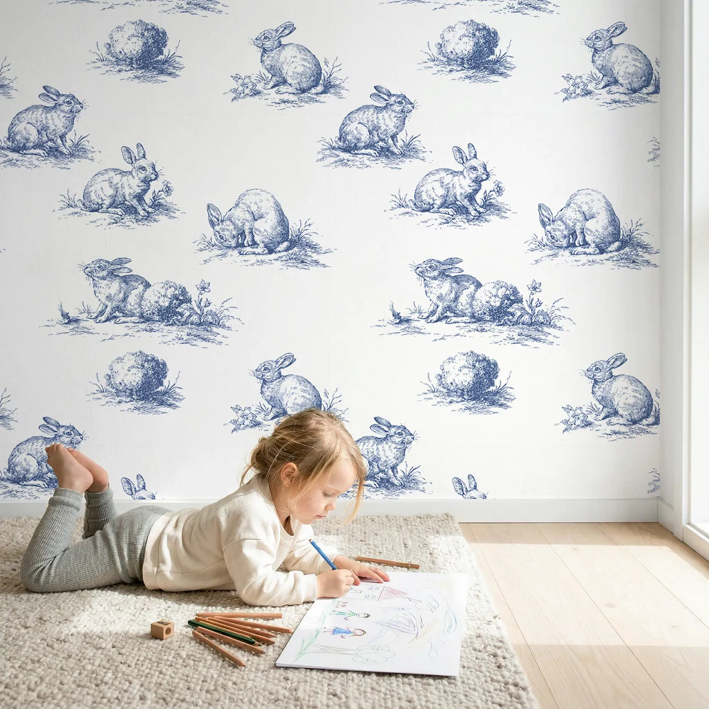 Bunny Toile Scene wallpaper in a cozy kids room - Whimsy Tots