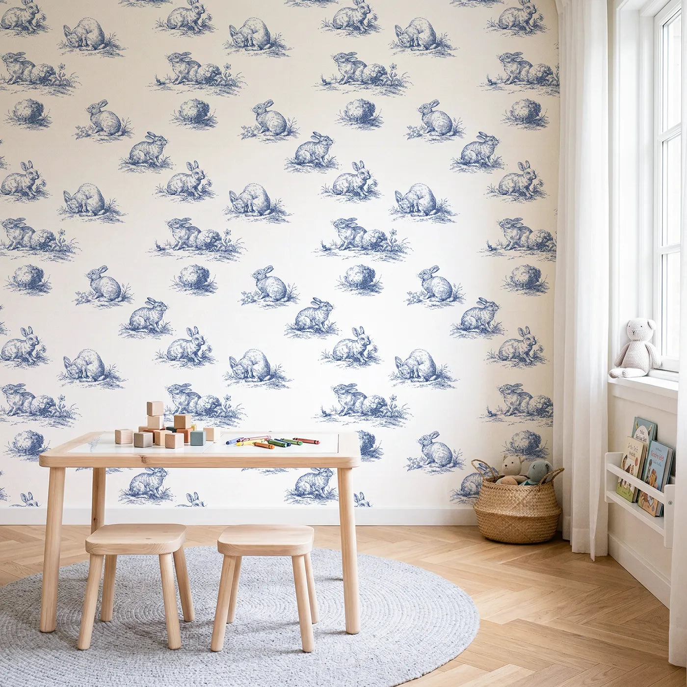 Bunny Toile Scene wallpaper in a styled nursery - Whimsy Tots