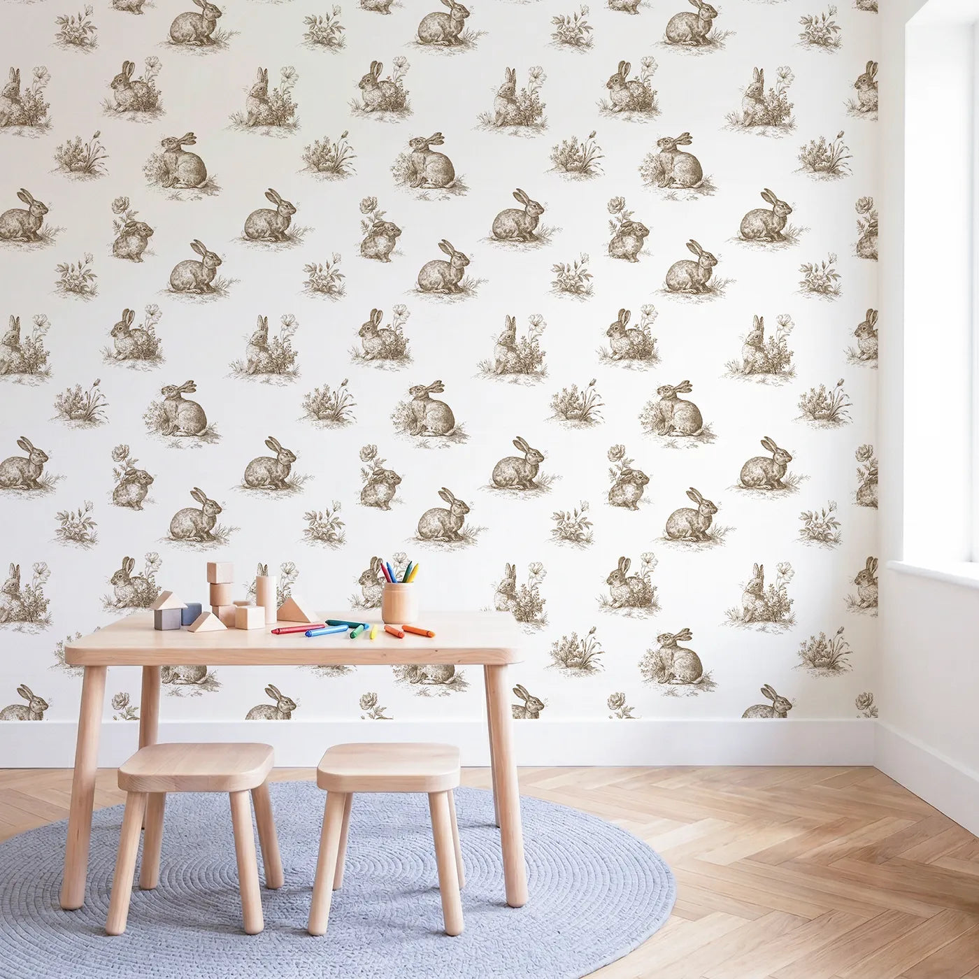 Bunny Toile Garden in Brown wallpaper in a styled nursery - Whimsy Tots