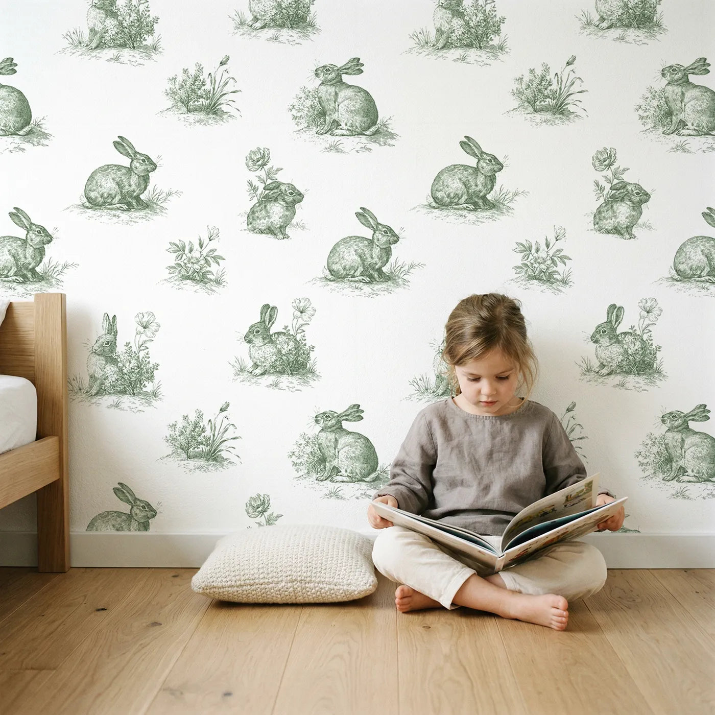 Bunny Toile Garden in Green wallpaper in a cozy kids room - Whimsy Tots