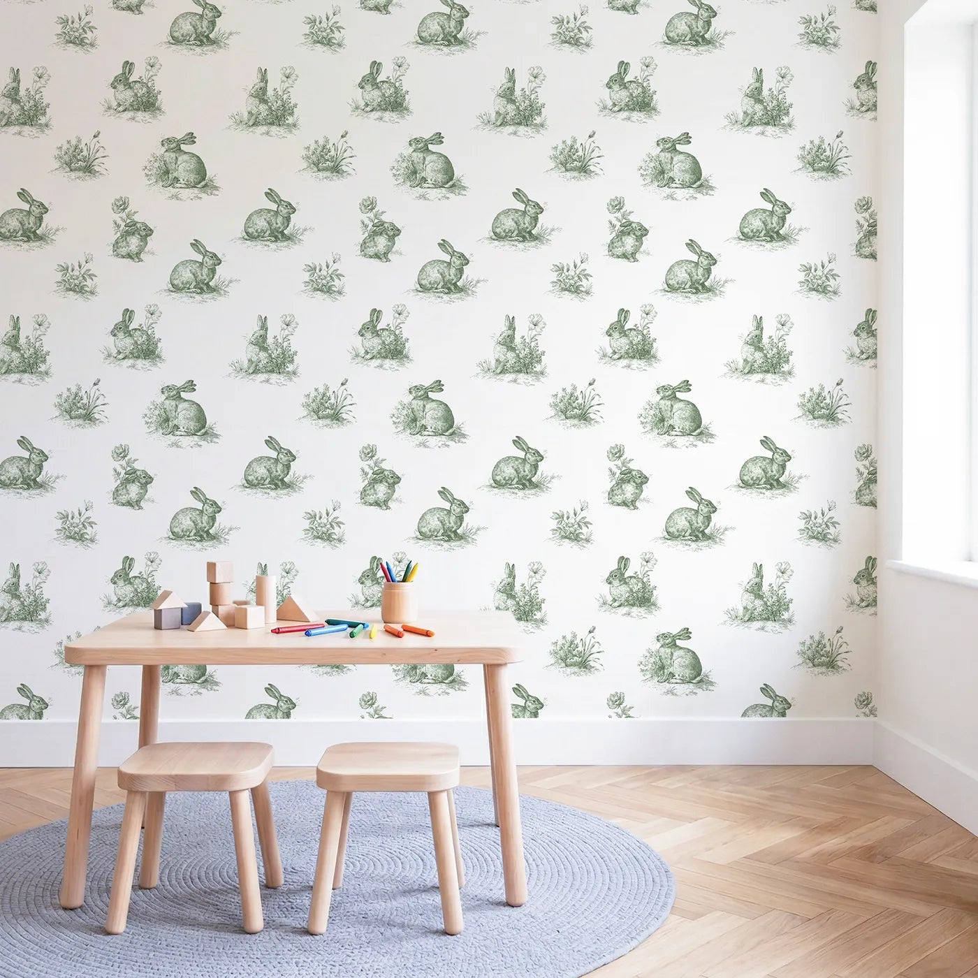 Bunny Toile Garden in Green wallpaper in a styled nursery - Whimsy Tots
