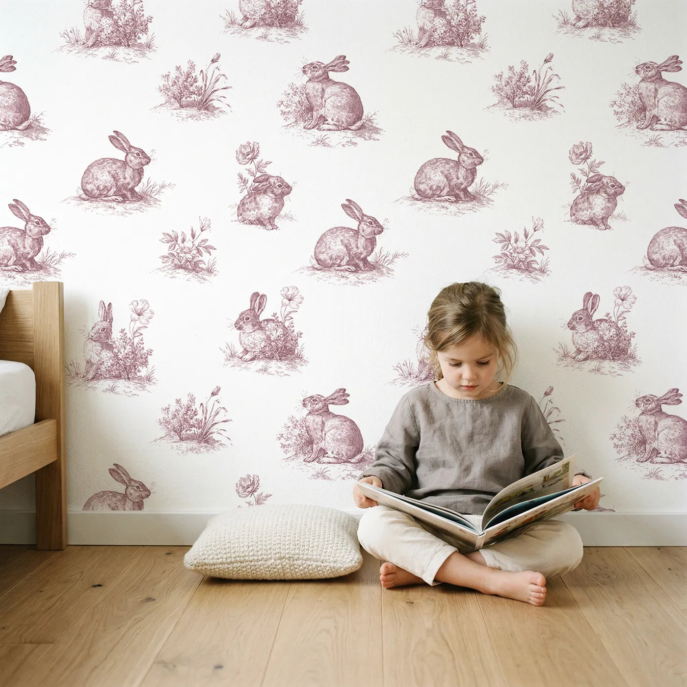 Bunny Toile Garden in Pink wallpaper in a cozy kids room - Whimsy Tots