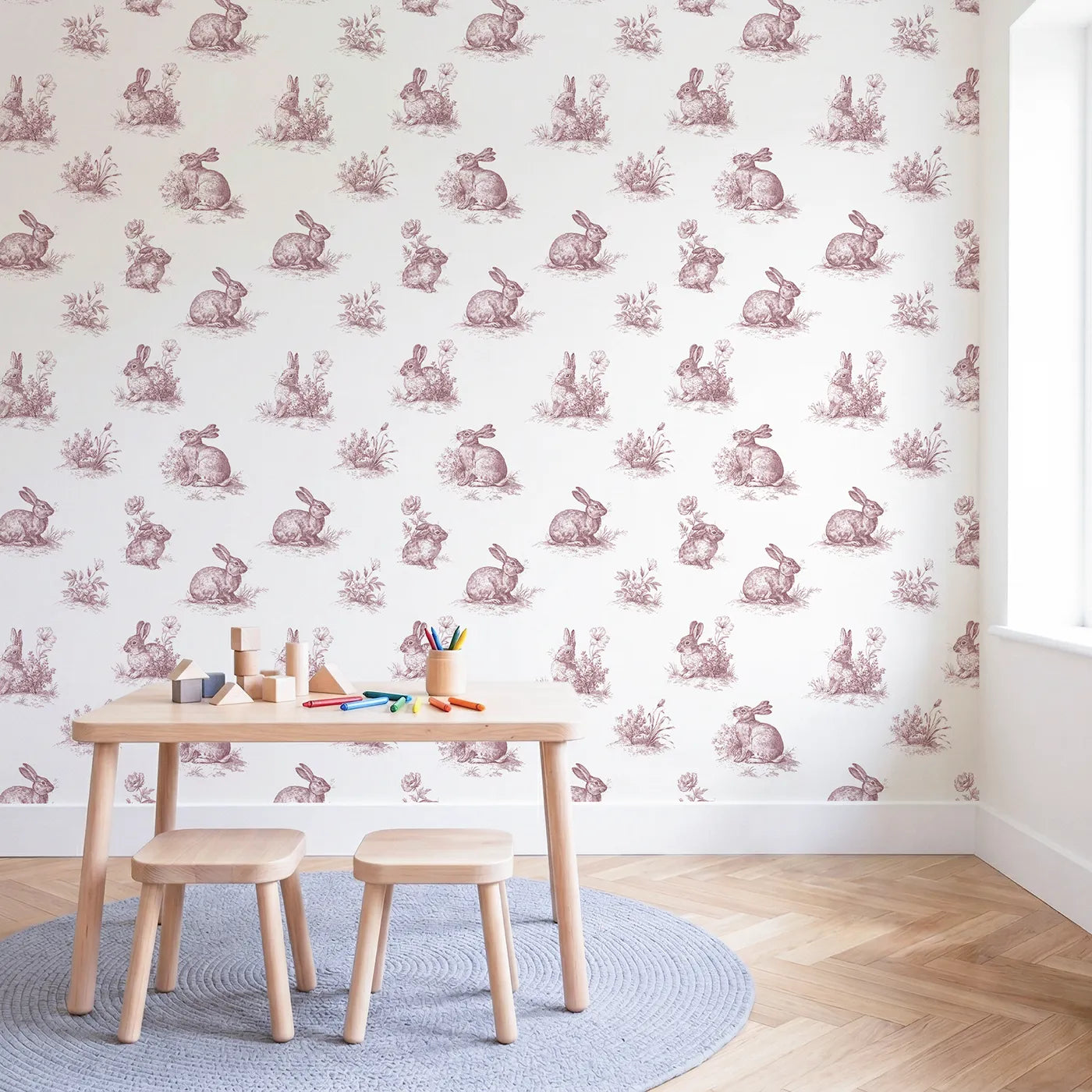 Bunny Toile Garden in Pink wallpaper in a styled nursery - Whimsy Tots