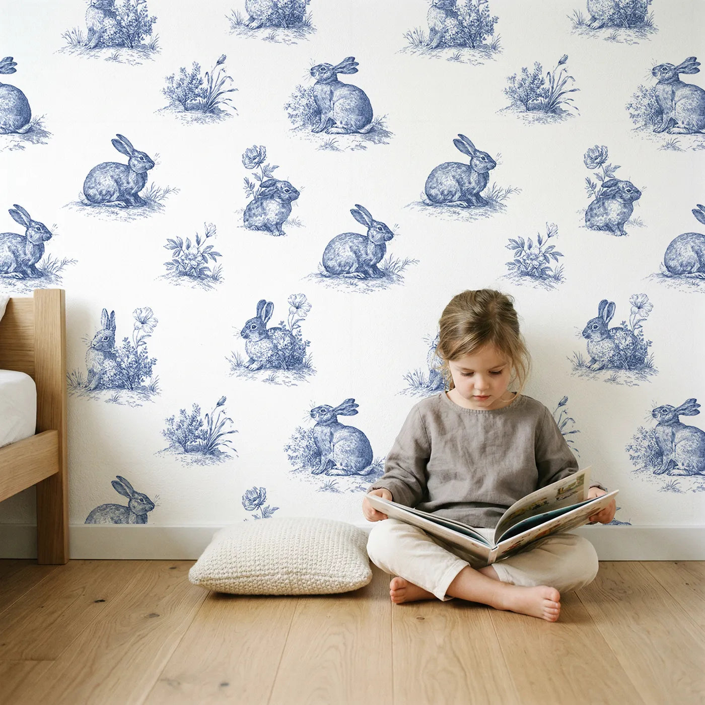 Bunny Toile Garden wallpaper in a cozy kids room - Whimsy Tots