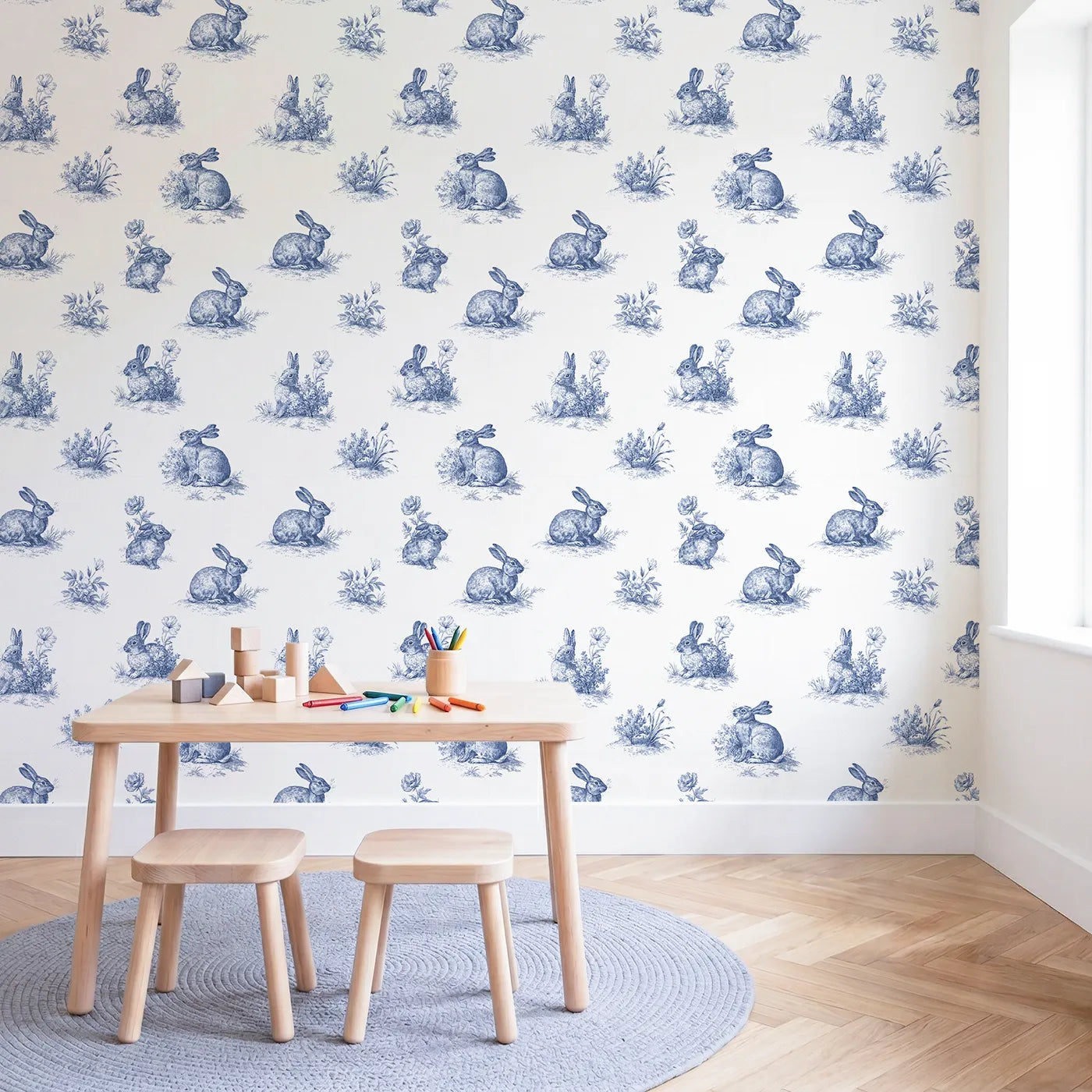 Bunny Toile Garden wallpaper in a styled nursery - Whimsy Tots