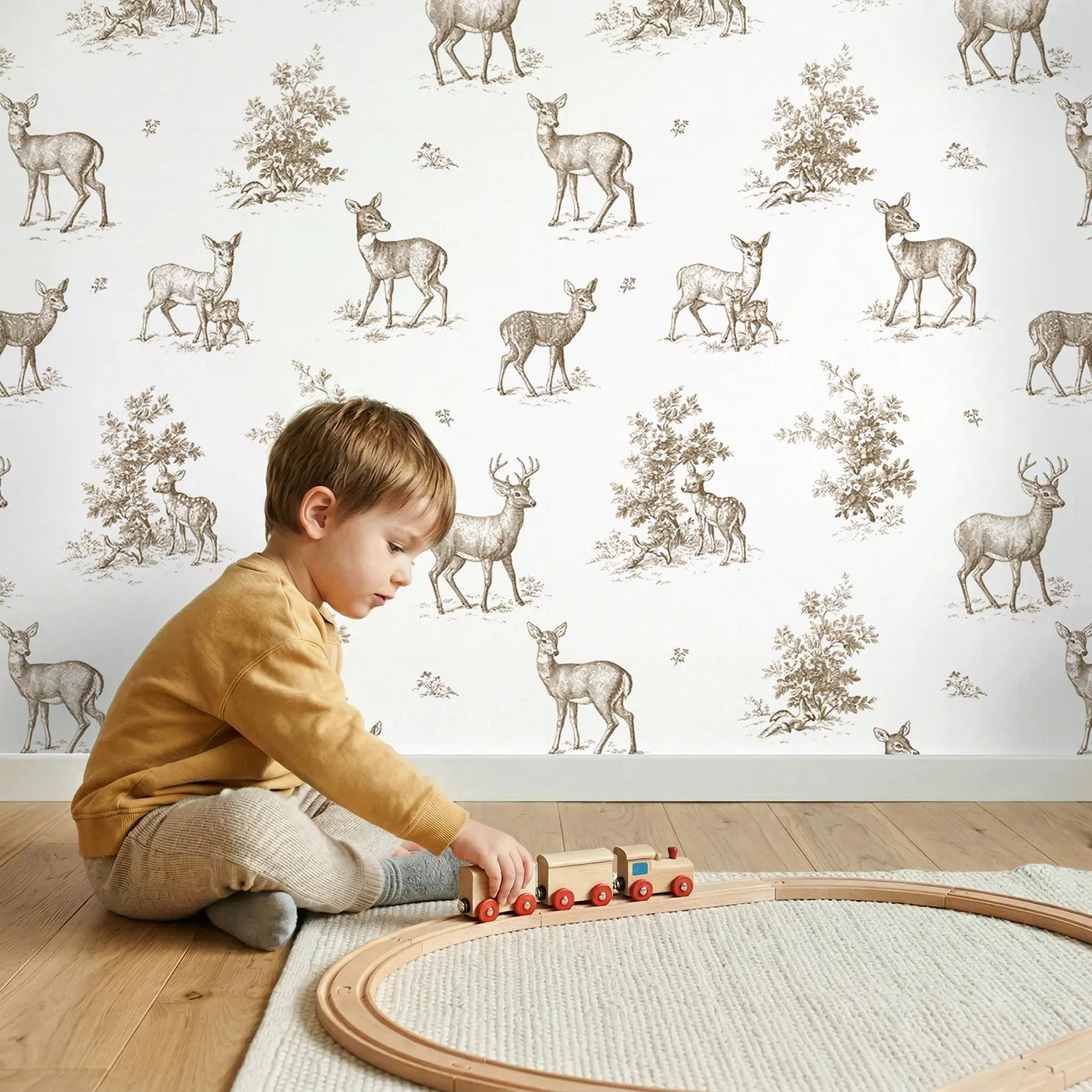 Deer Toile Toss in Brown wallpaper in a cozy kids room - Whimsy Tots