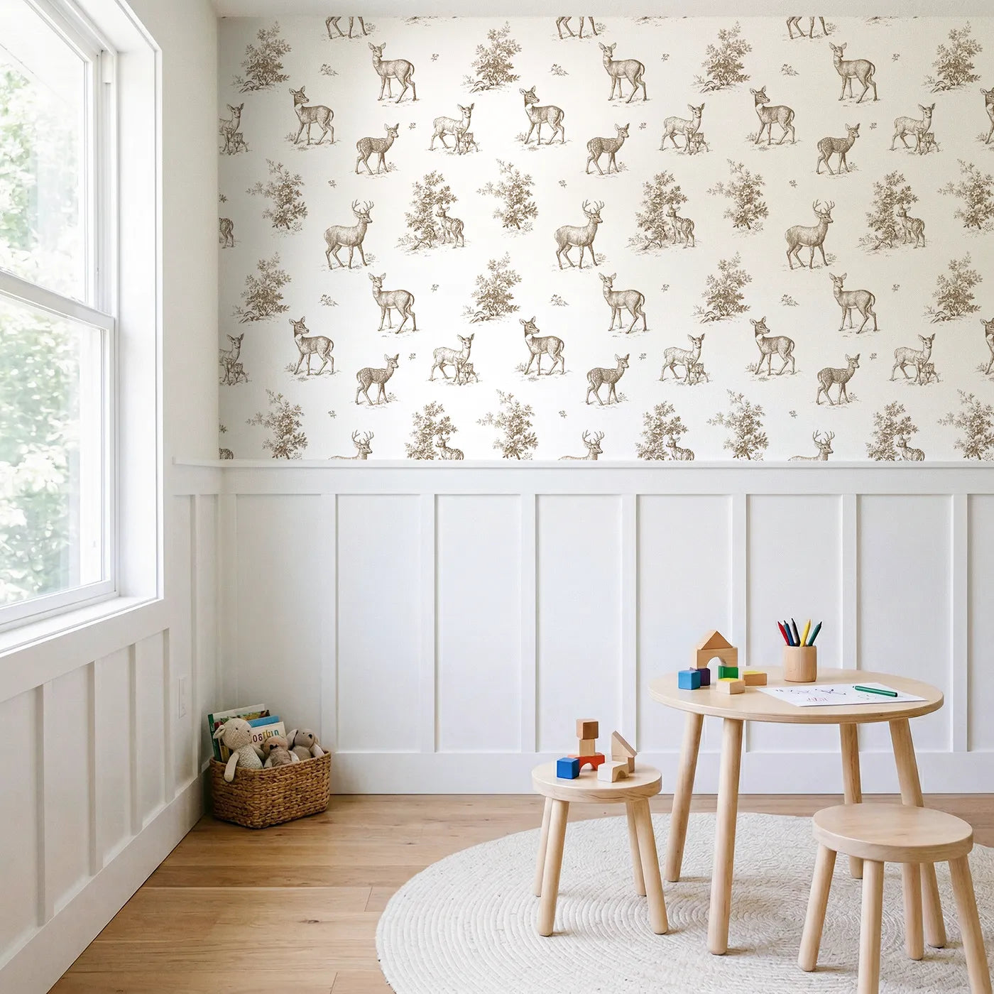 Deer Toile Toss in Brown wallpaper above wainscoting - Whimsy Tots