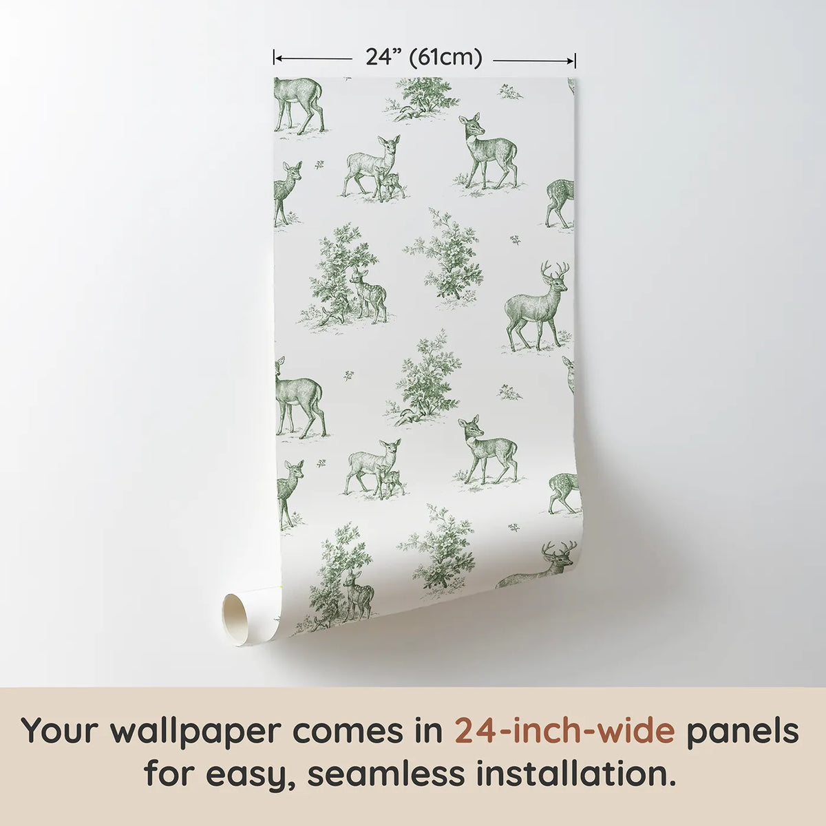 Deer Toile Toss in Green wallpaper panel dimensions - Whimsy Tots