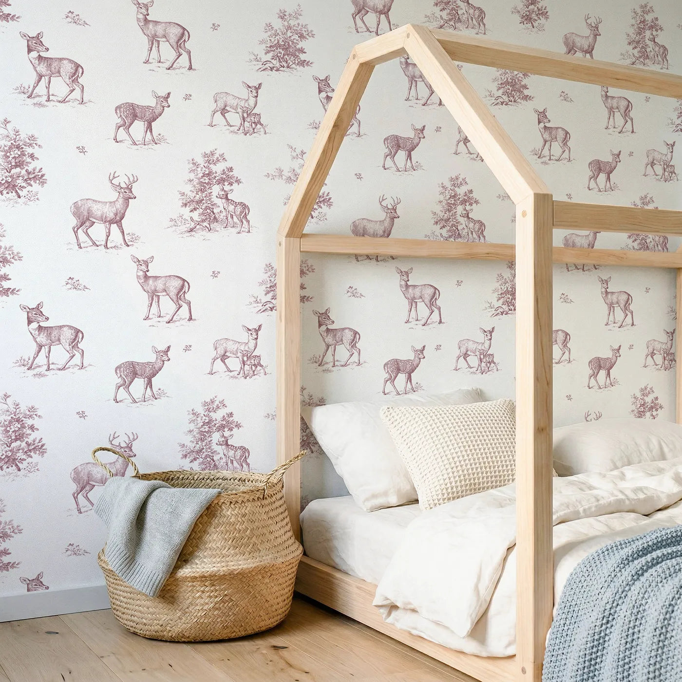 Deer Toile Toss in Pink wallpaper in a styled nursery - Whimsy Tots