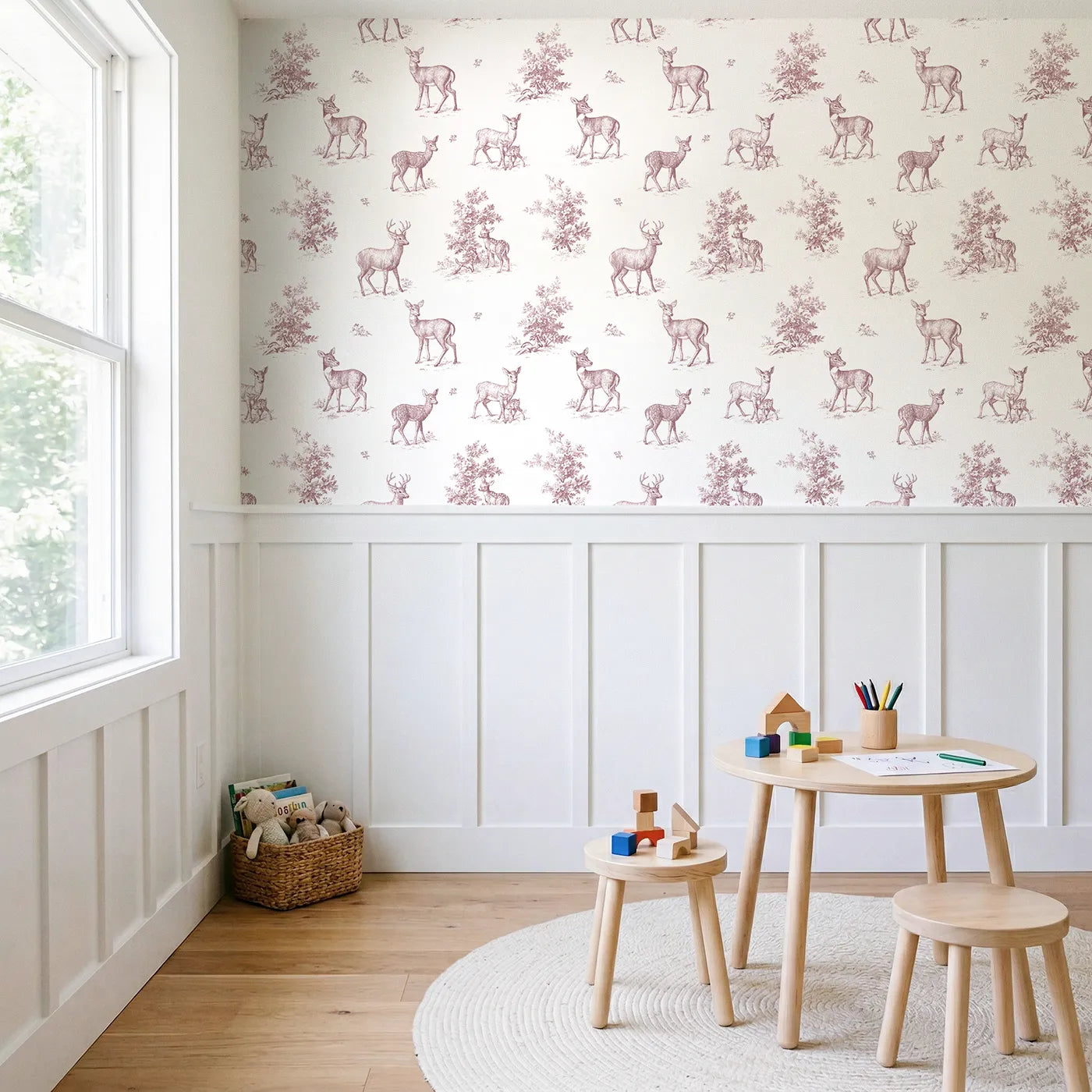 Deer Toile Toss in Pink wallpaper above wainscoting - Whimsy Tots