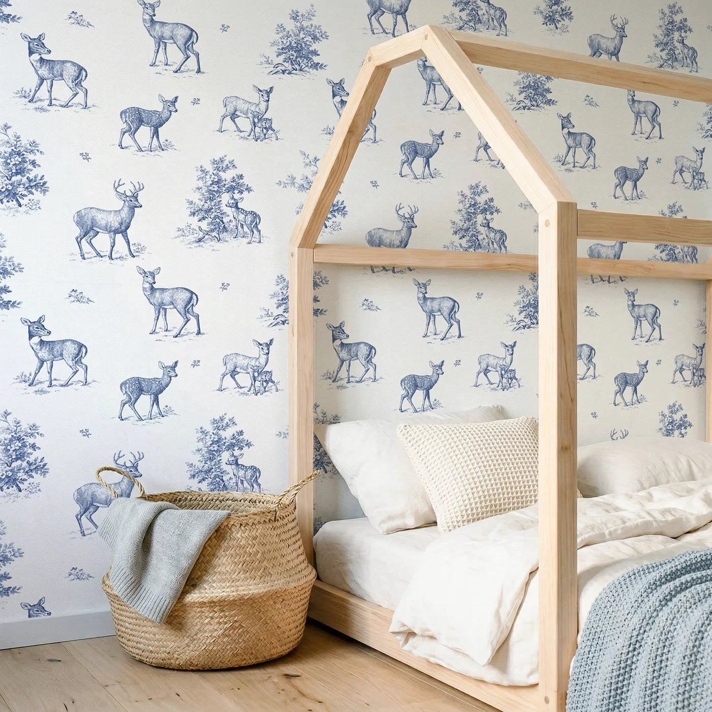 Deer Toile Toss wallpaper in a styled nursery - Whimsy Tots