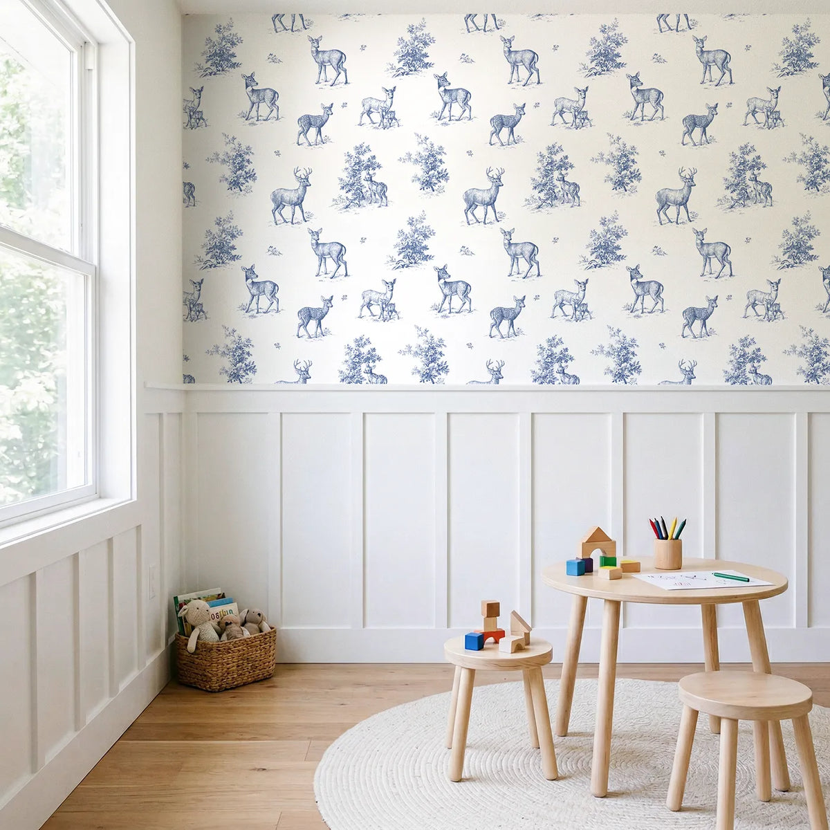 Deer Toile Toss wallpaper above wainscoting - Whimsy Tots