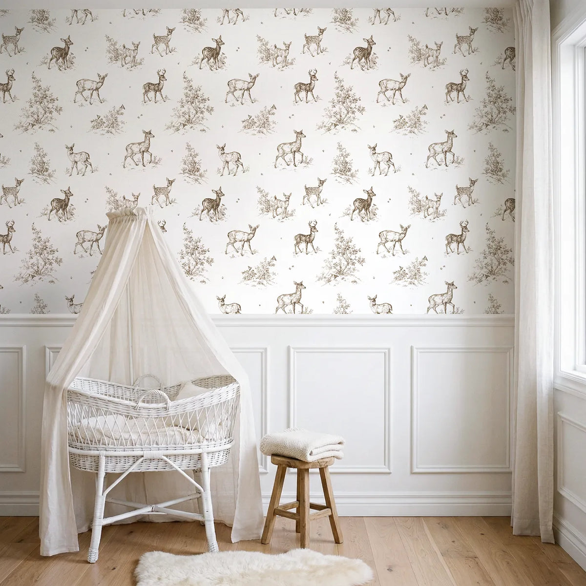 Deer Toile Rows in Brown wallpaper above wainscoting - Whimsy Tots