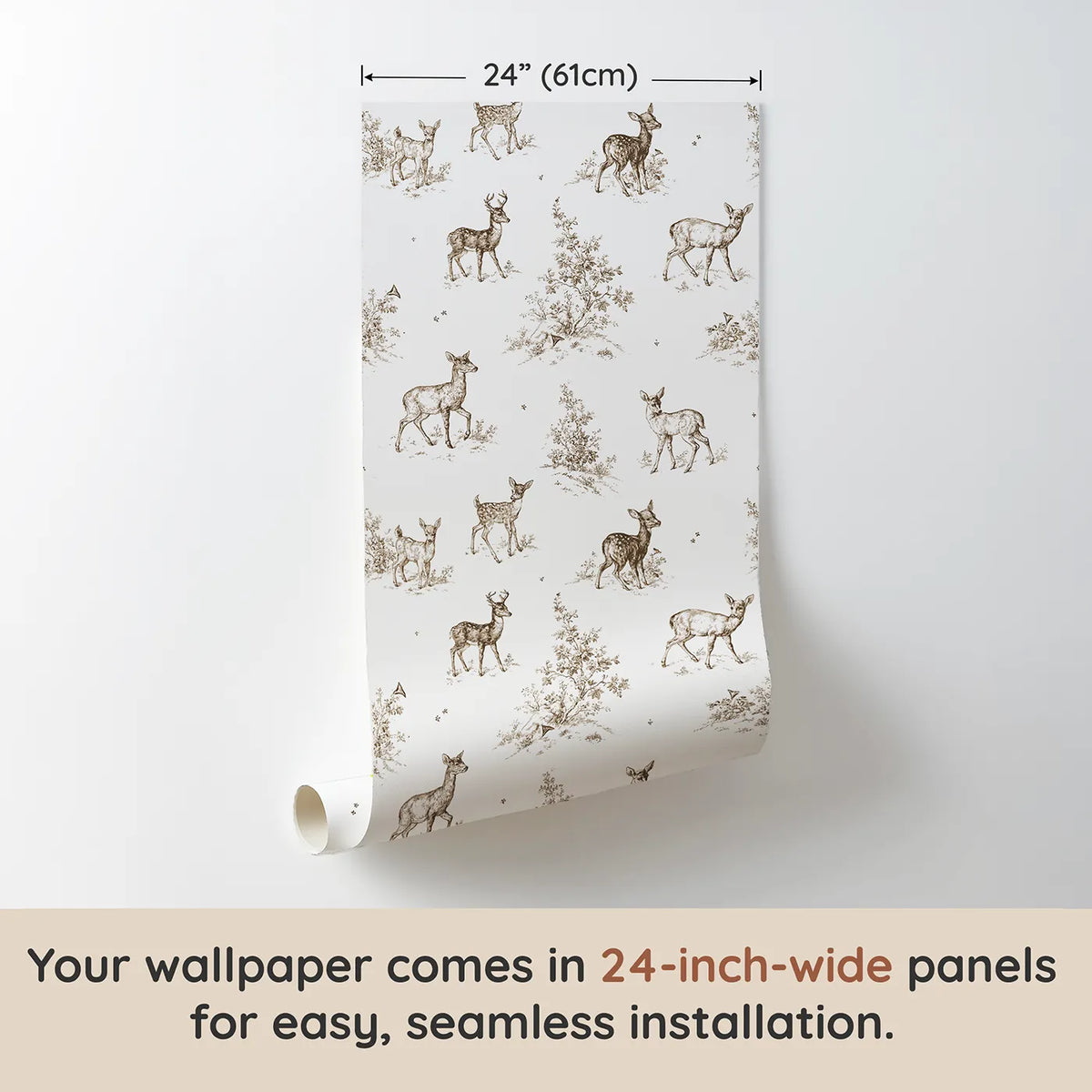 Deer Toile Rows in Brown wallpaper panel dimensions - Whimsy Tots