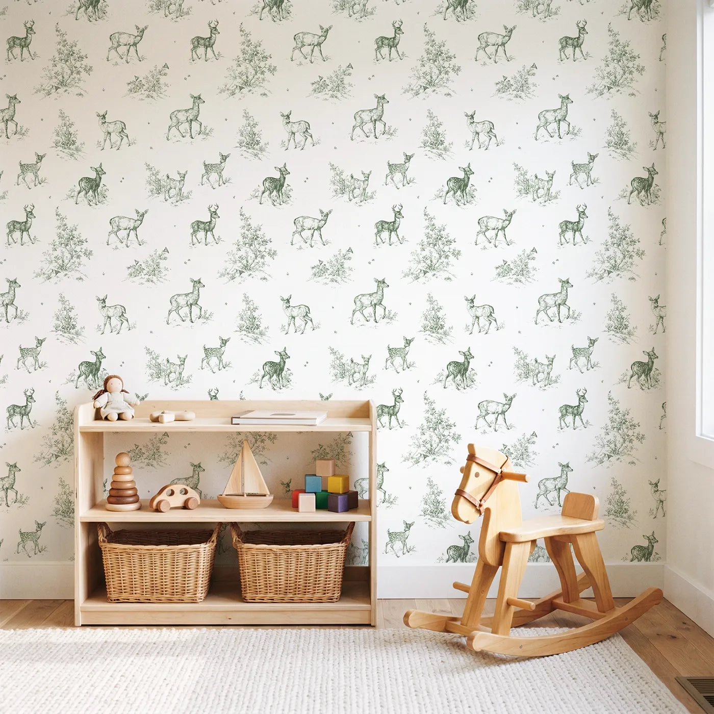 Deer Toile Rows in Green wallpaper in a styled nursery - Whimsy Tots