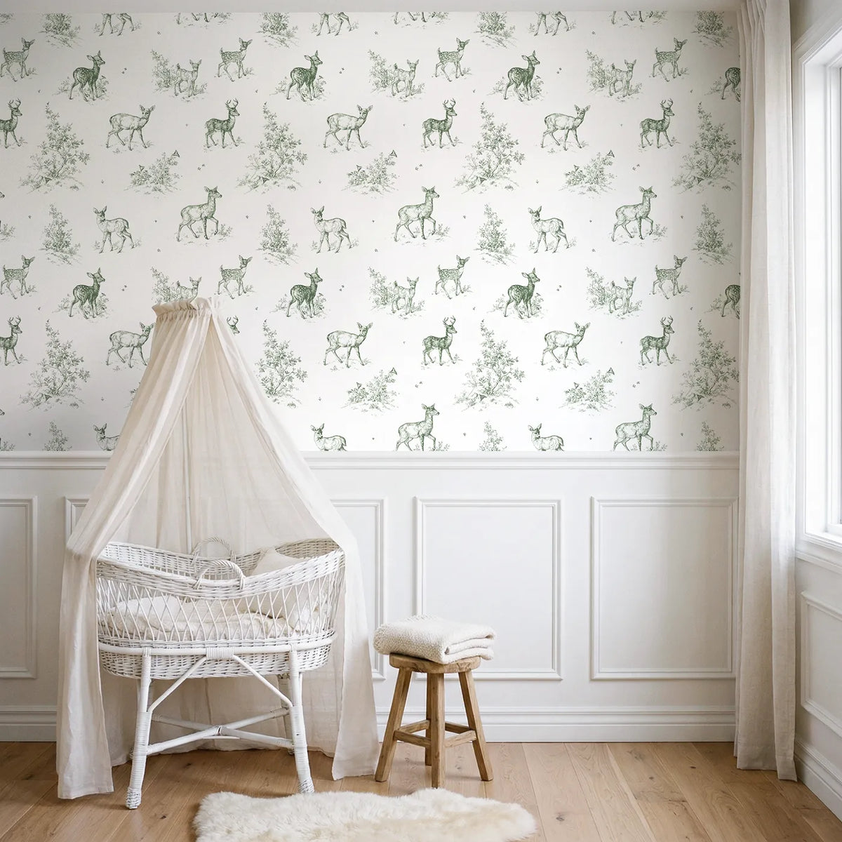 Deer Toile Rows in Green wallpaper above wainscoting - Whimsy Tots