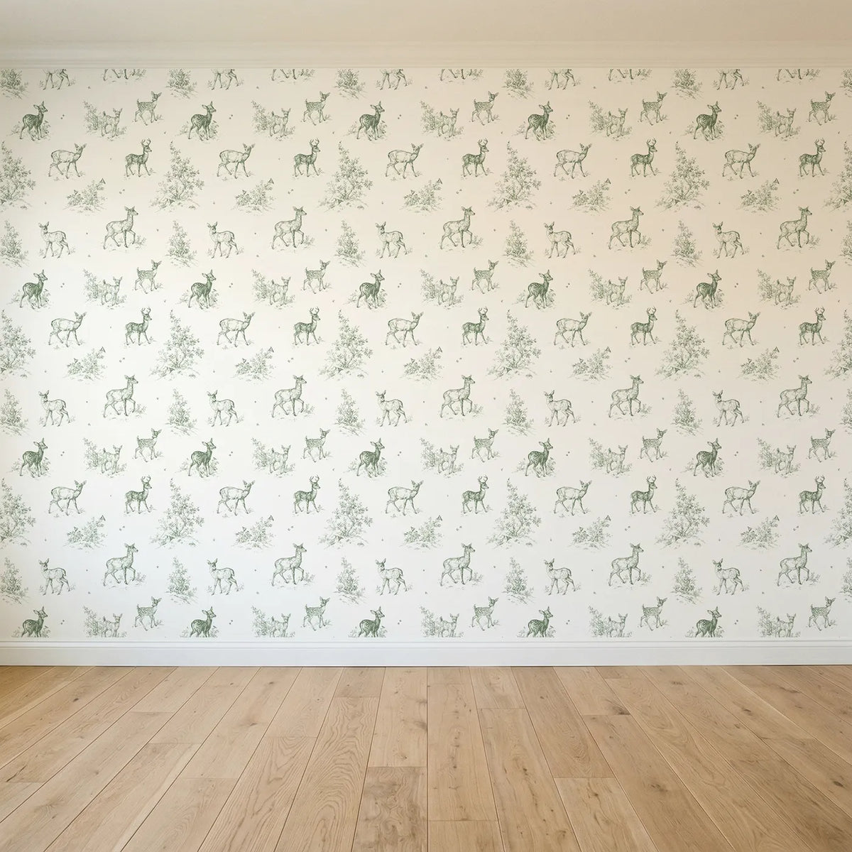 Deer Toile Rows in Green seamless wallpaper full pattern - Whimsy Tots
