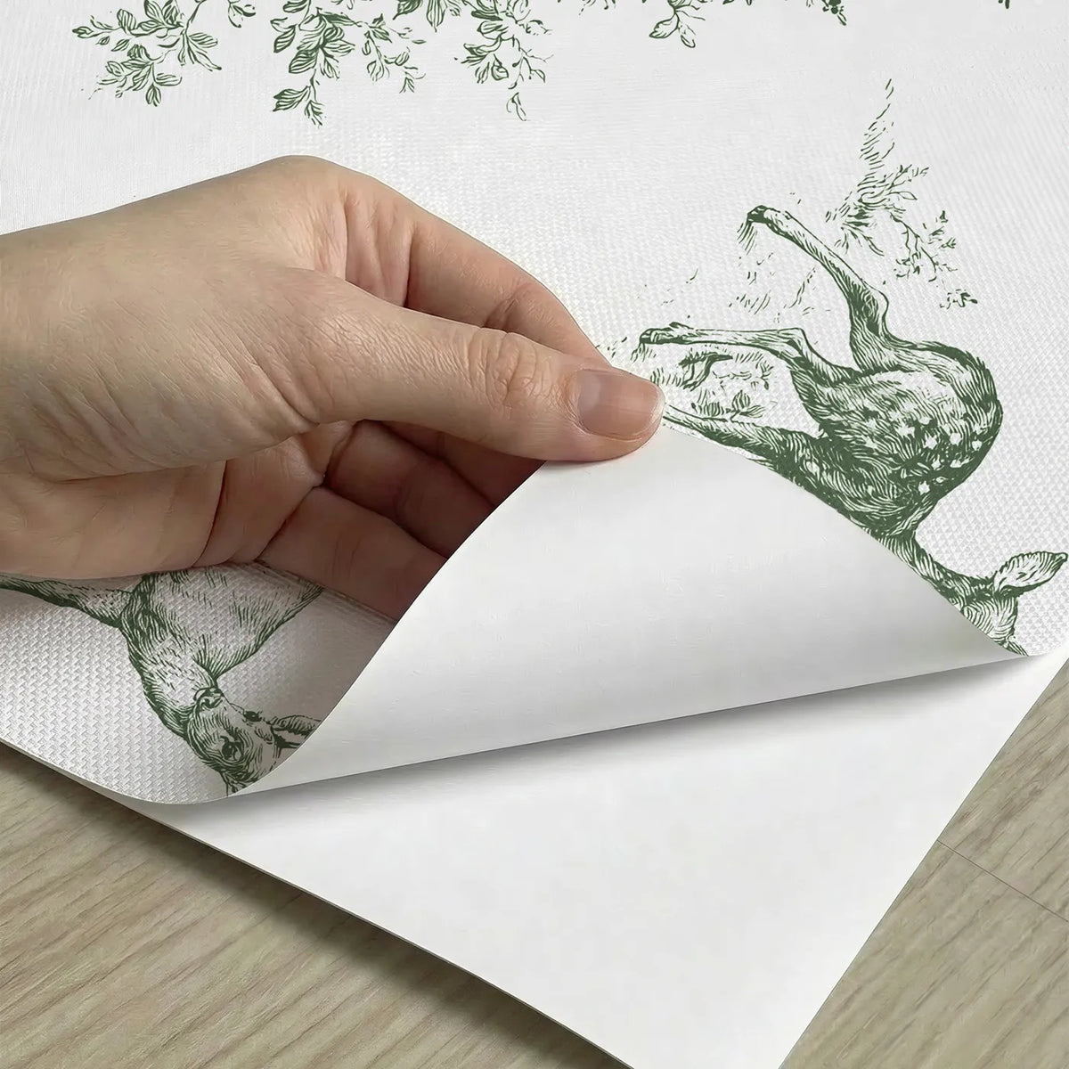 Deer Toile Rows in Green peel and stick material close-up - Whimsy Tots