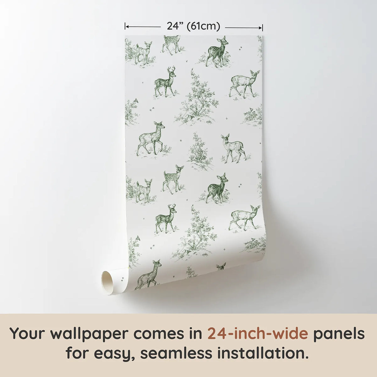 Deer Toile Rows in Green wallpaper panel dimensions - Whimsy Tots