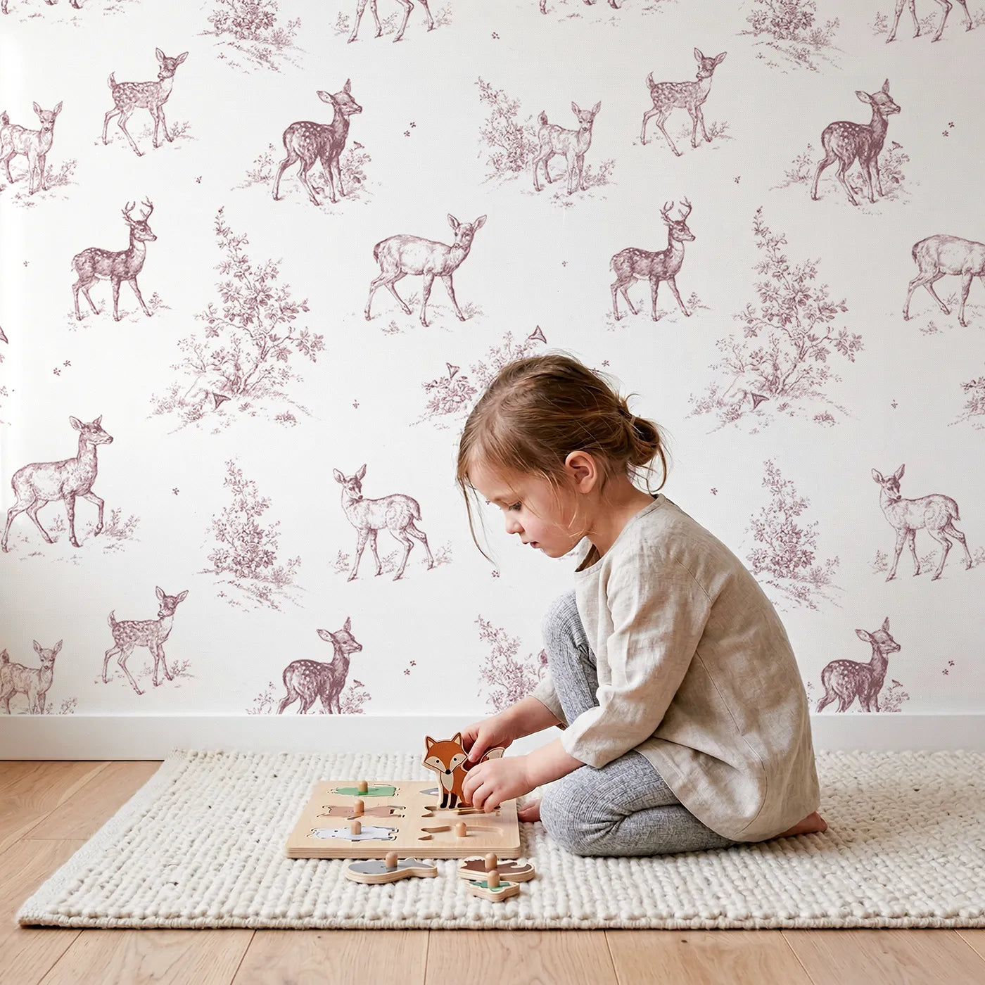 Deer Toile Rows in Pink wallpaper in a cozy kids room - Whimsy Tots