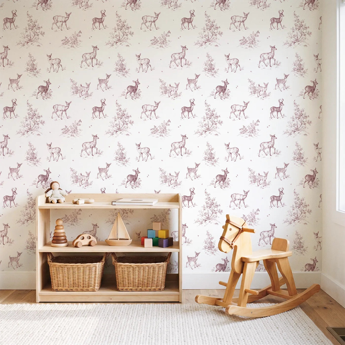 Deer Toile Rows in Pink wallpaper in a styled nursery - Whimsy Tots
