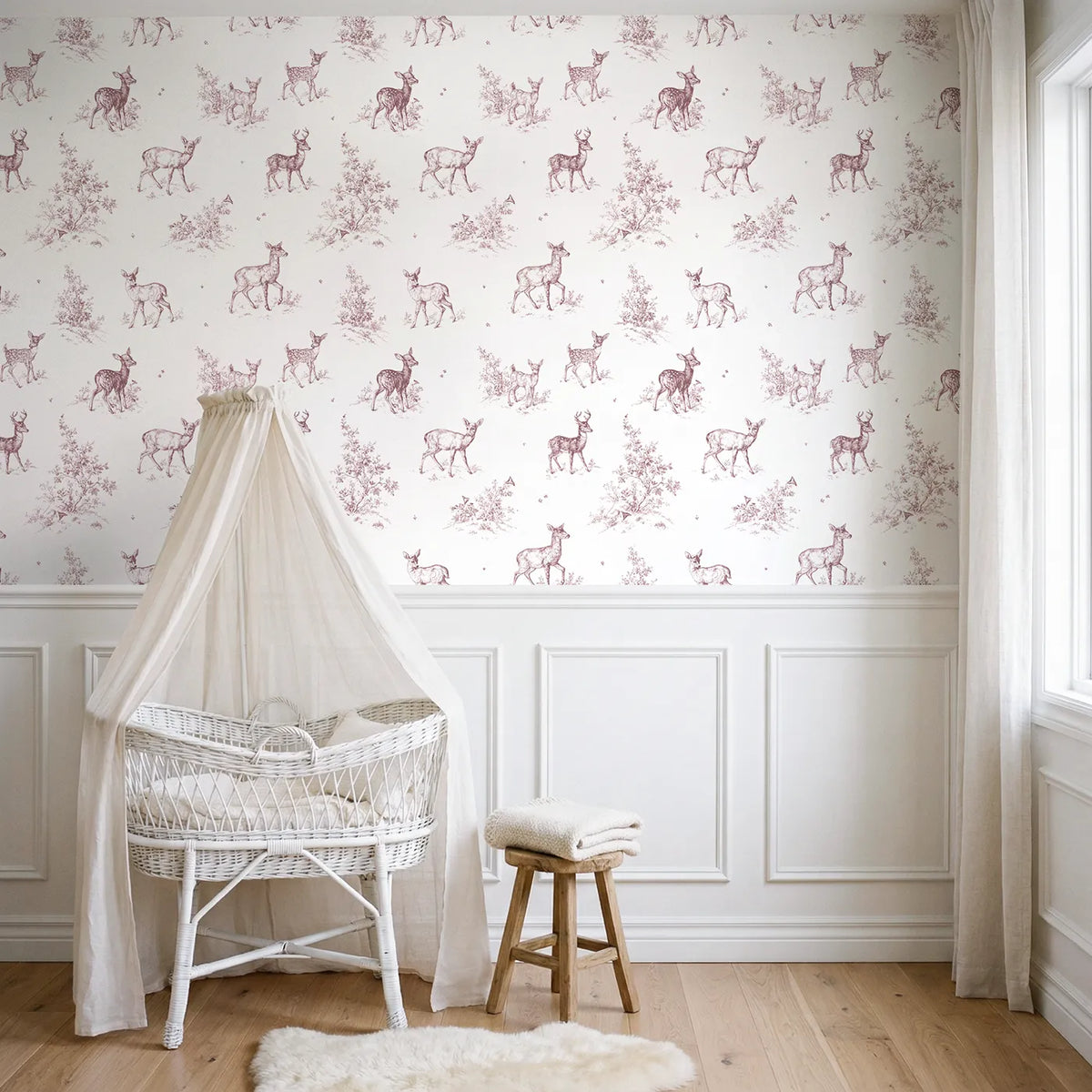 Deer Toile Rows in Pink wallpaper above wainscoting - Whimsy Tots