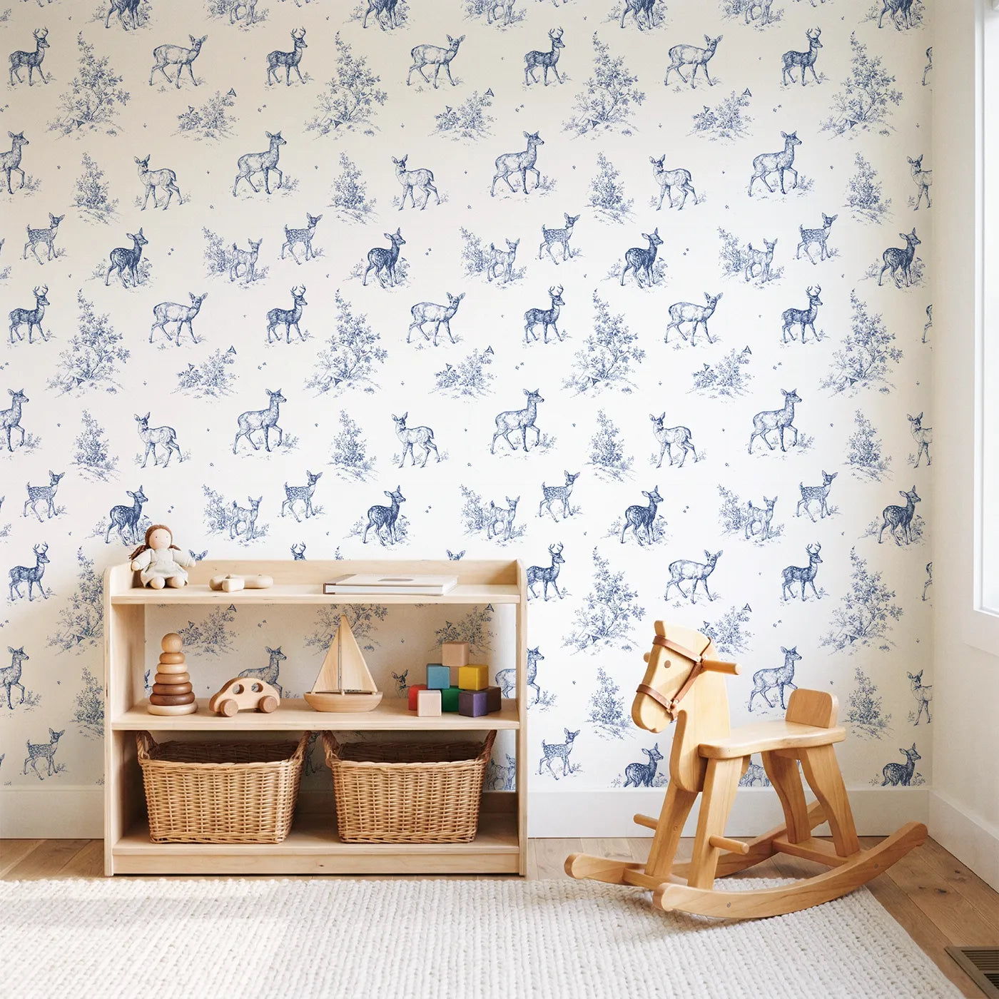 Deer Toile Rows wallpaper in a styled nursery - Whimsy Tots