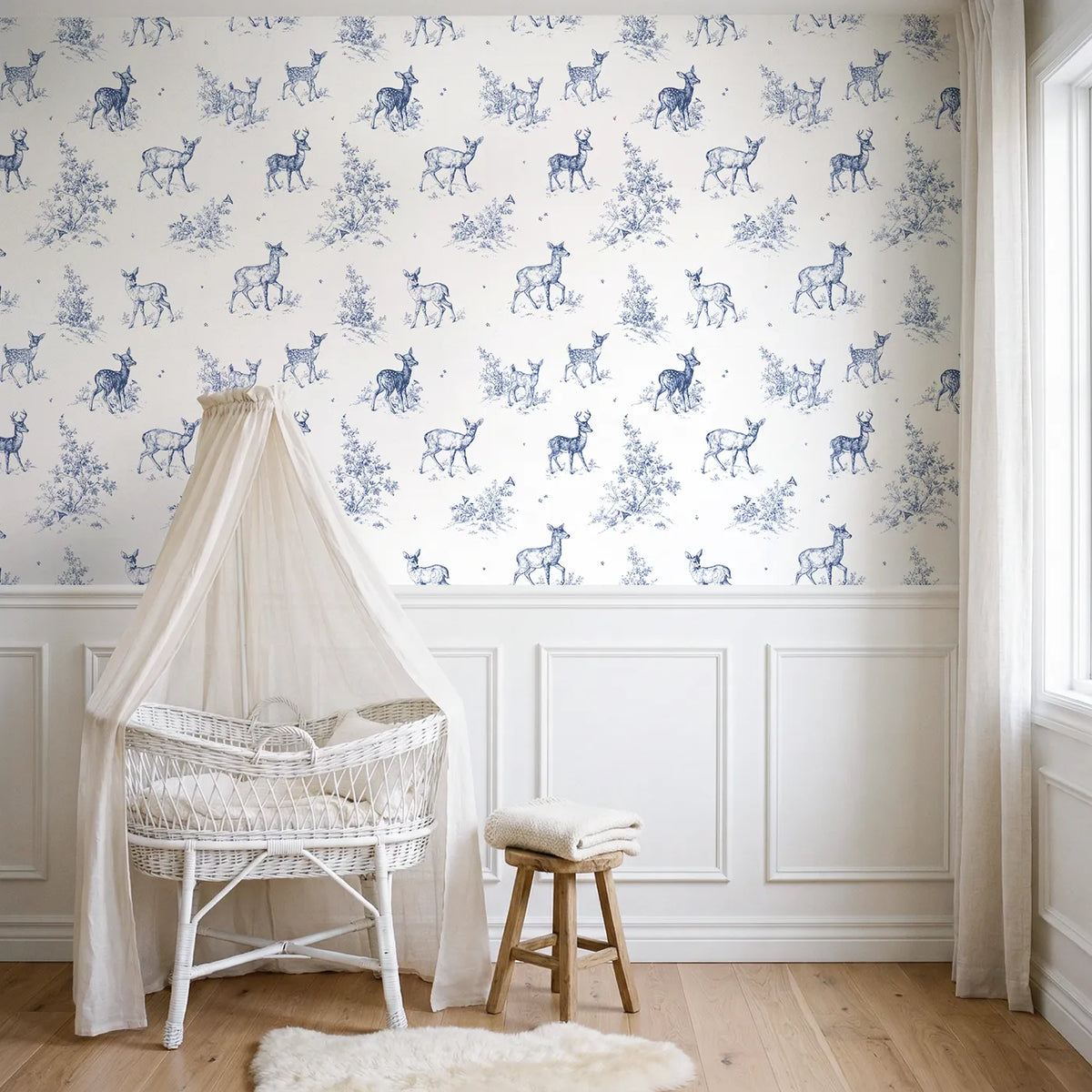 Deer Toile Rows wallpaper above wainscoting - Whimsy Tots