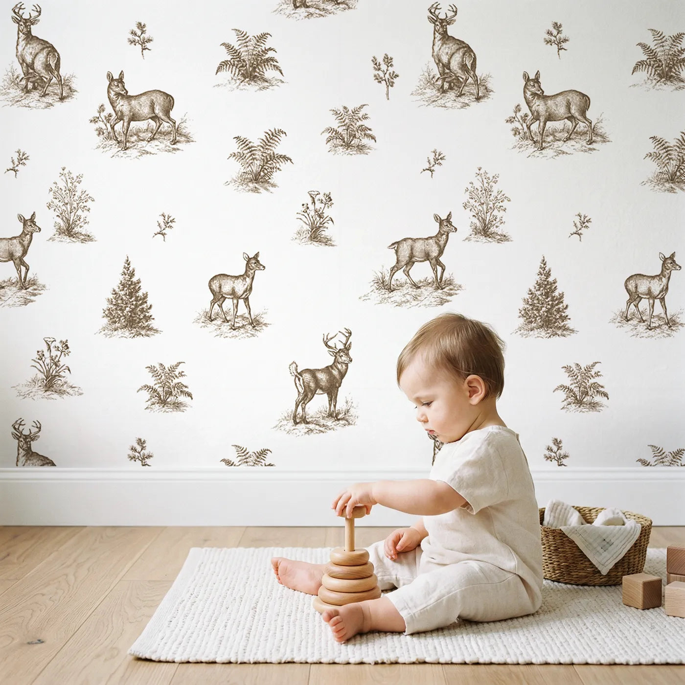 Deer Toile Scene in Brown wallpaper in a cozy kids room - Whimsy Tots