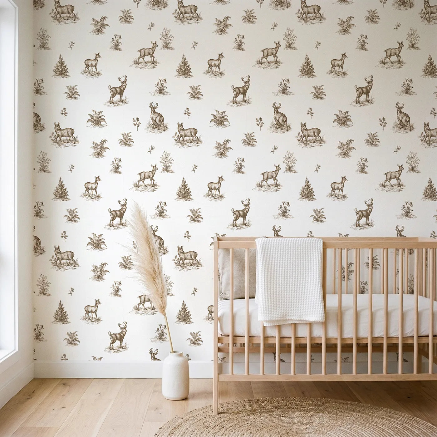 Deer Toile Scene in Brown wallpaper in a styled nursery - Whimsy Tots