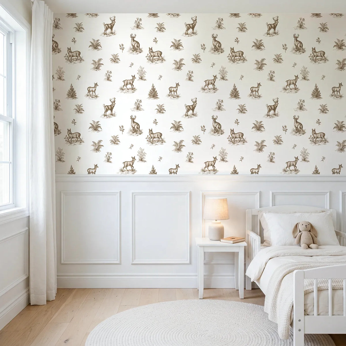 Deer Toile Scene in Brown wallpaper above wainscoting - Whimsy Tots