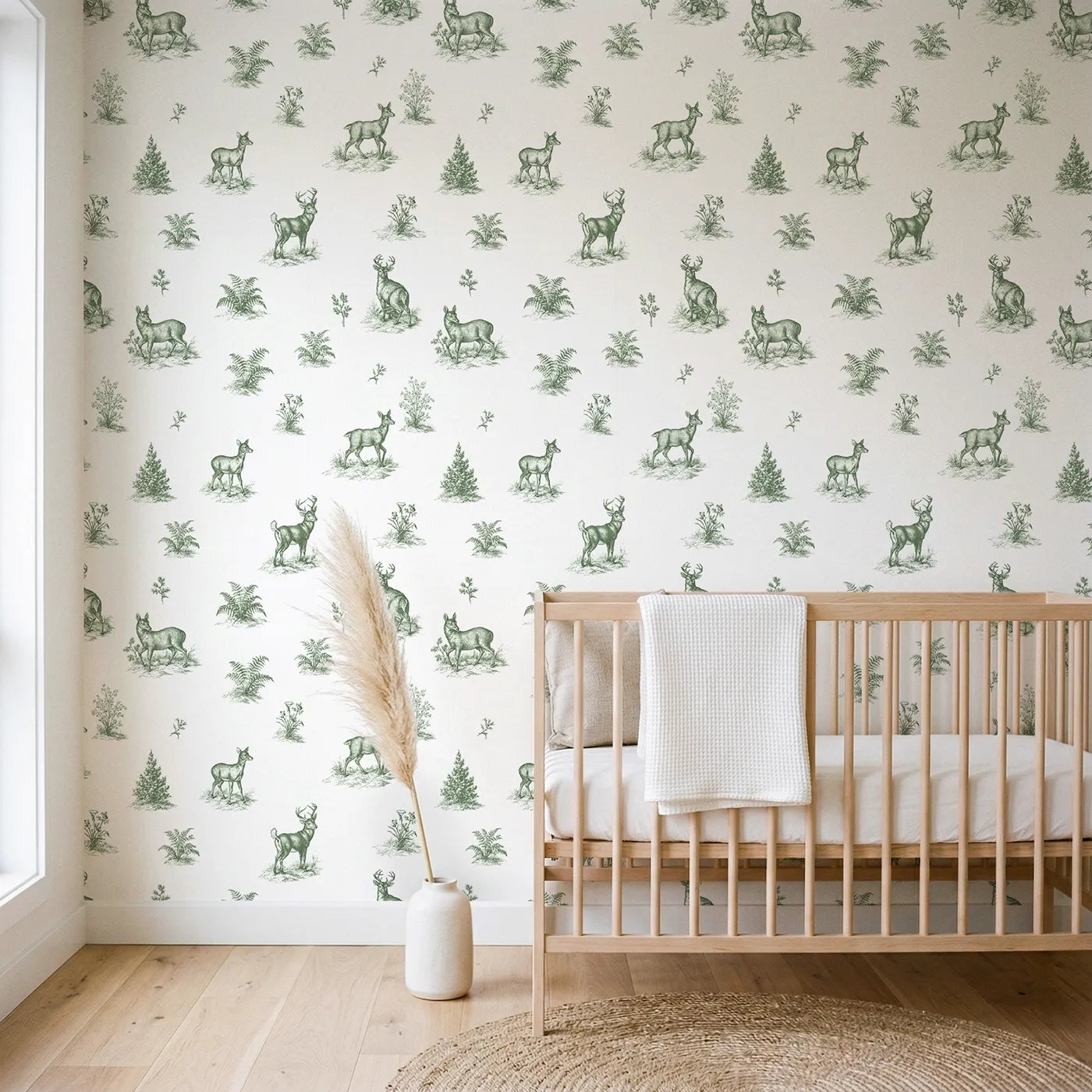 Deer Toile Scene in Green wallpaper in a styled nursery - Whimsy Tots