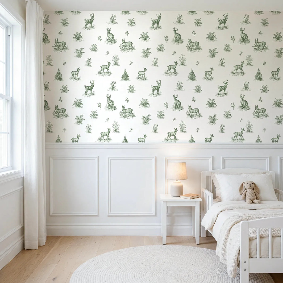Deer Toile Scene in Green wallpaper above wainscoting - Whimsy Tots