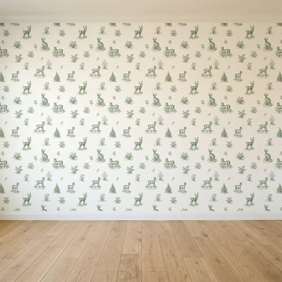 Deer Toile Scene in Green seamless wallpaper full pattern - Whimsy Tots