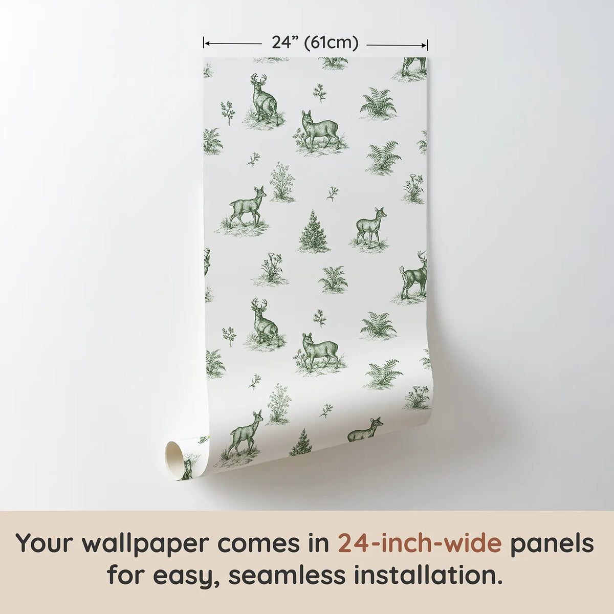 Deer Toile Scene in Green wallpaper panel dimensions - Whimsy Tots