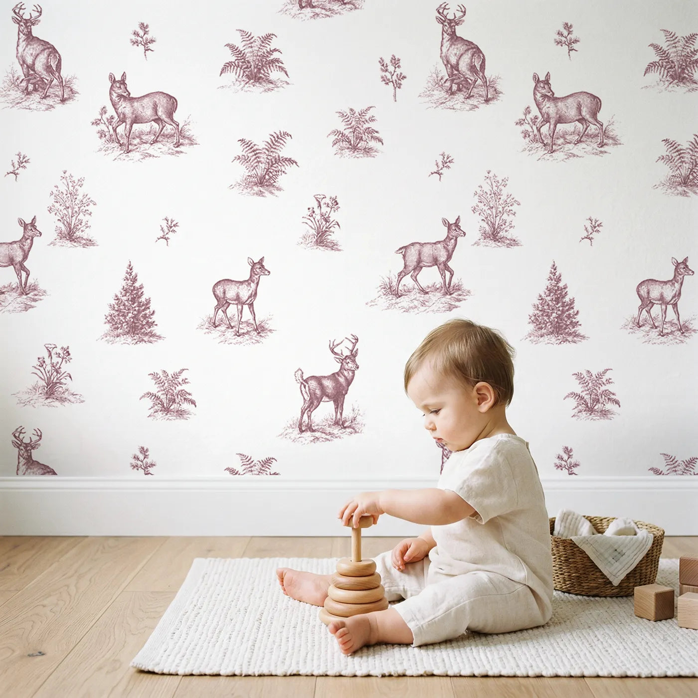 Deer Toile Scene in Pink wallpaper in a cozy kids room - Whimsy Tots