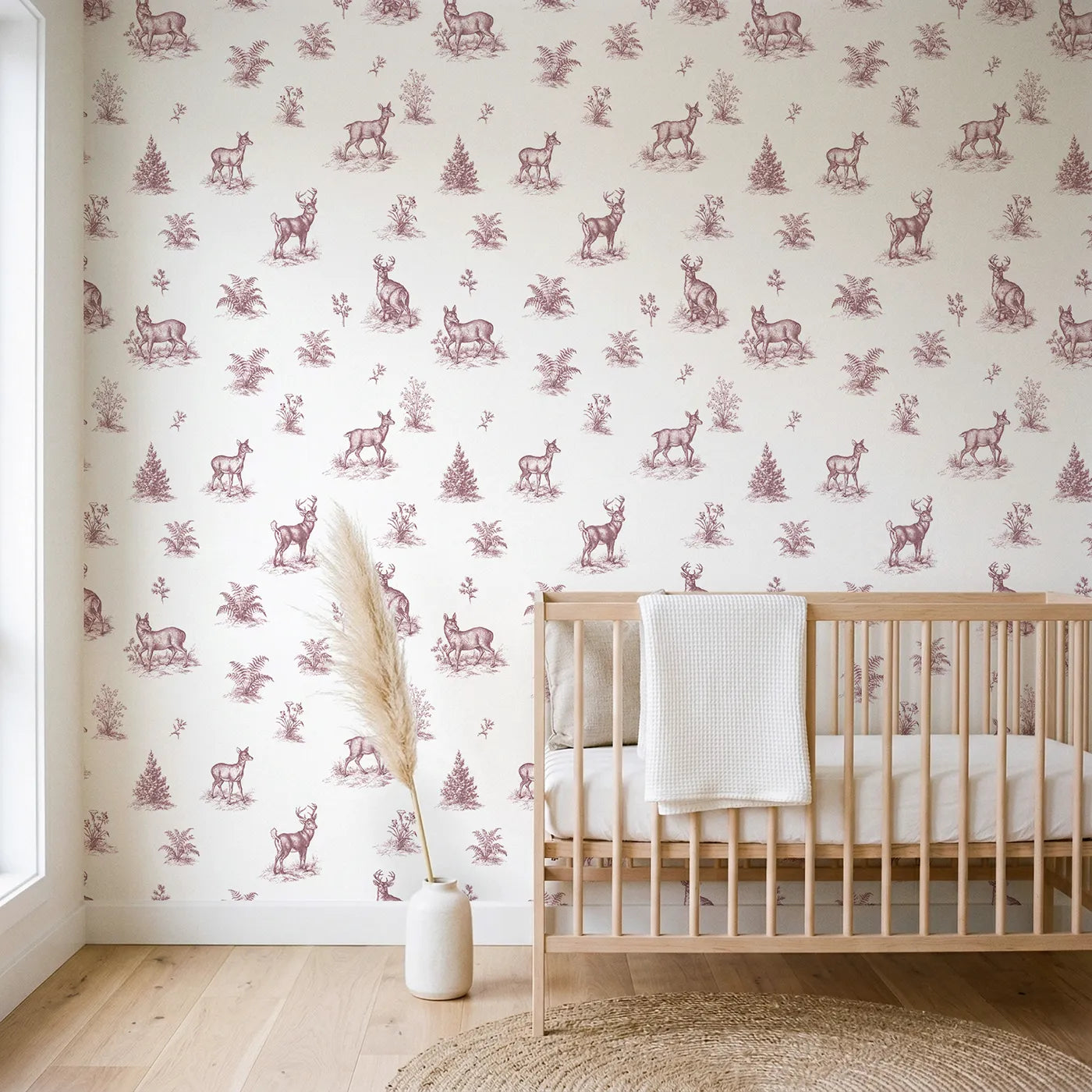 Deer Toile Scene in Pink wallpaper in a styled nursery - Whimsy Tots