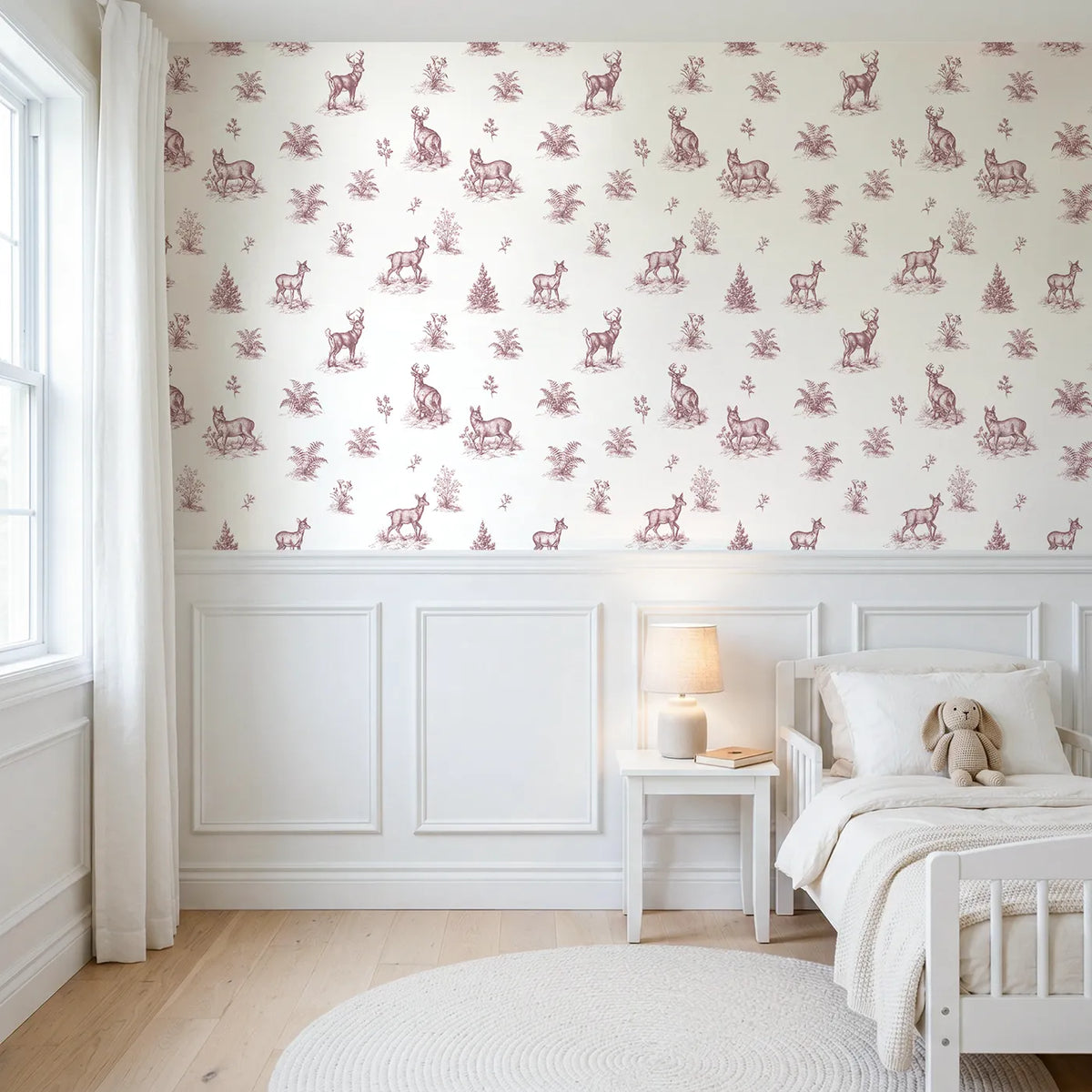 Deer Toile Scene in Pink wallpaper above wainscoting - Whimsy Tots