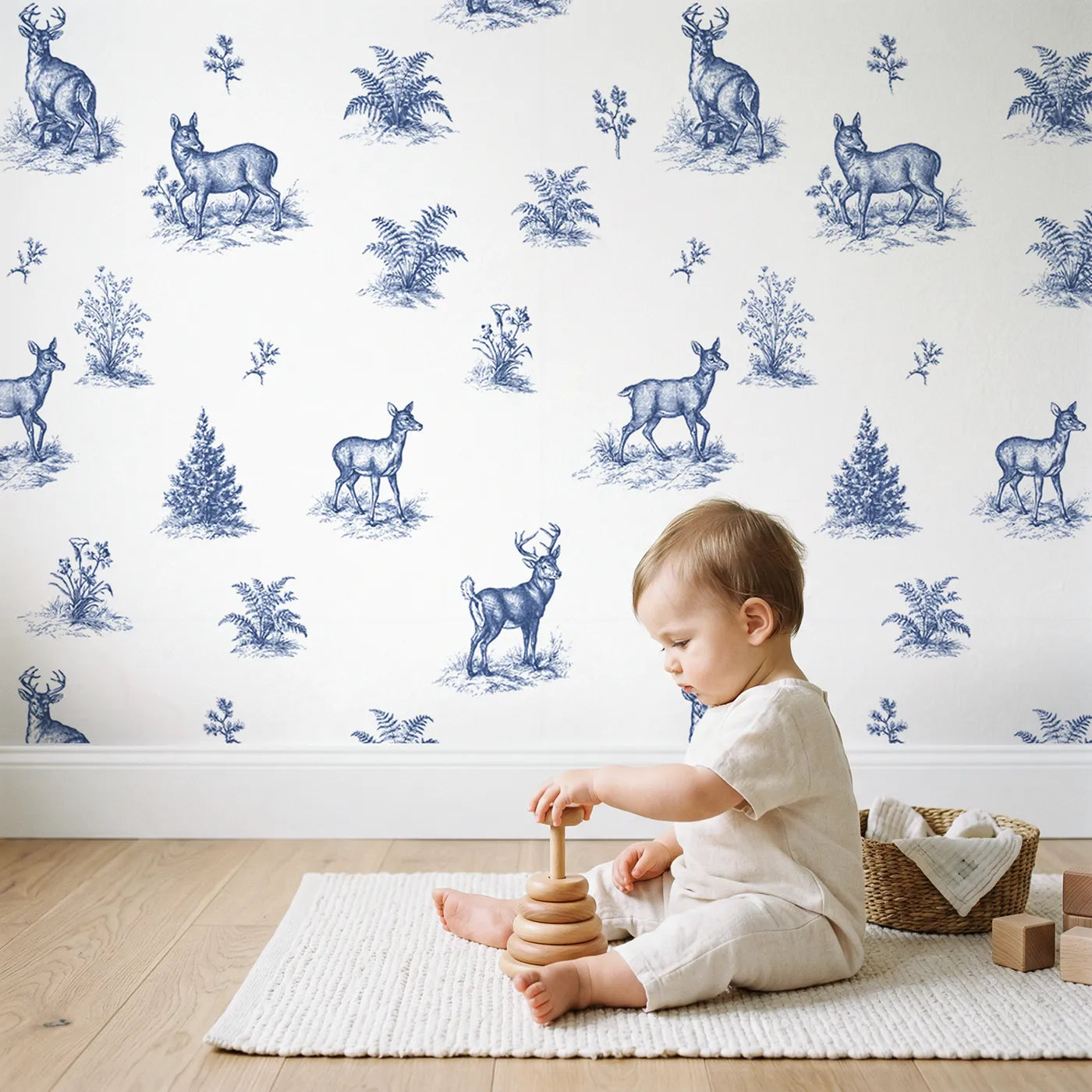 Deer Toile Scene wallpaper in a cozy kids room - Whimsy Tots