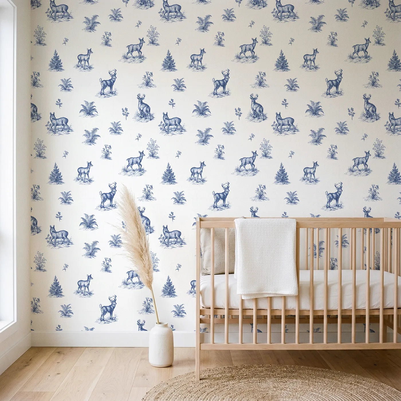 Deer Toile Scene wallpaper in a styled nursery - Whimsy Tots