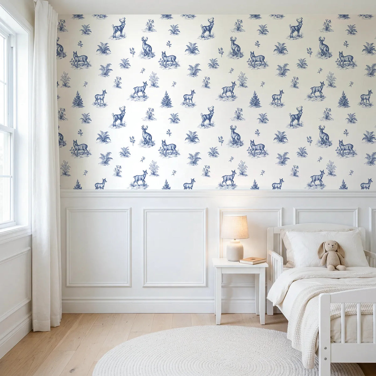 Deer Toile Scene wallpaper above wainscoting - Whimsy Tots