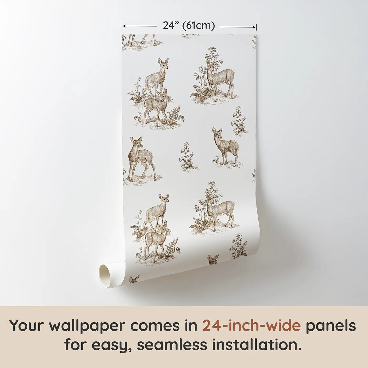 Deer Toile Garden in Brown wallpaper panel dimensions - Whimsy Tots