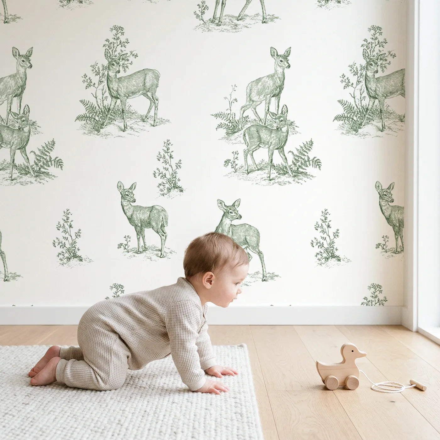 Deer Toile Garden in Green wallpaper in a cozy kids room - Whimsy Tots