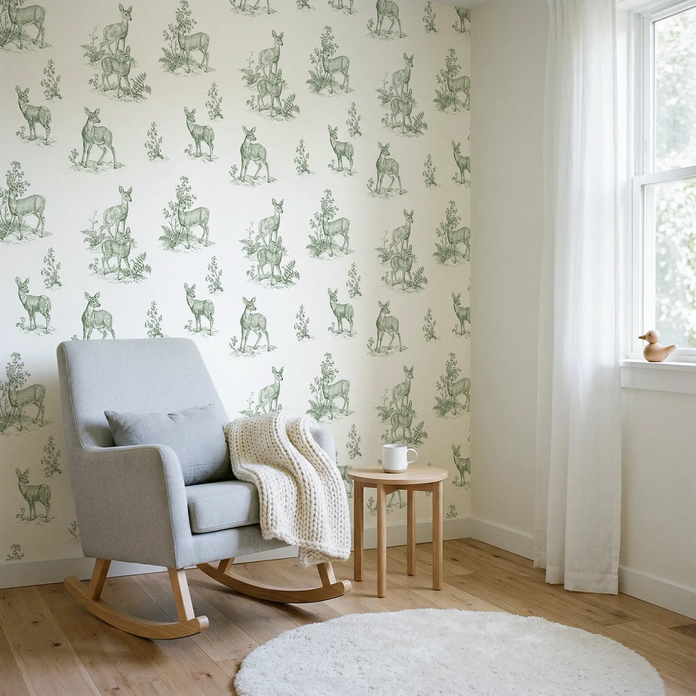 Deer Toile Garden in Green wallpaper in a styled nursery - Whimsy Tots