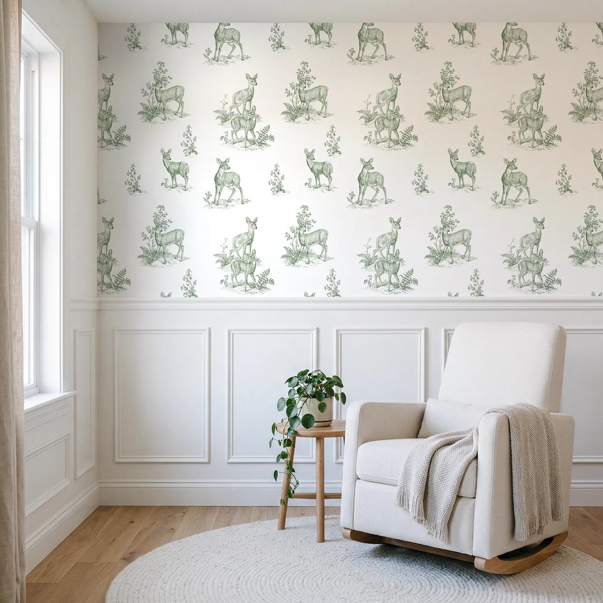 Deer Toile Garden in Green wallpaper above wainscoting - Whimsy Tots