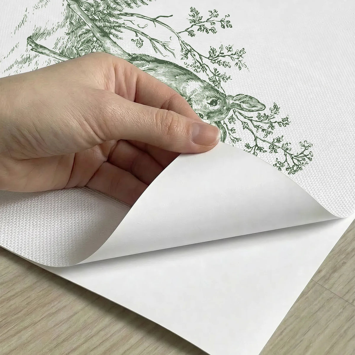 Deer Toile Garden in Green peel and stick material close-up - Whimsy Tots