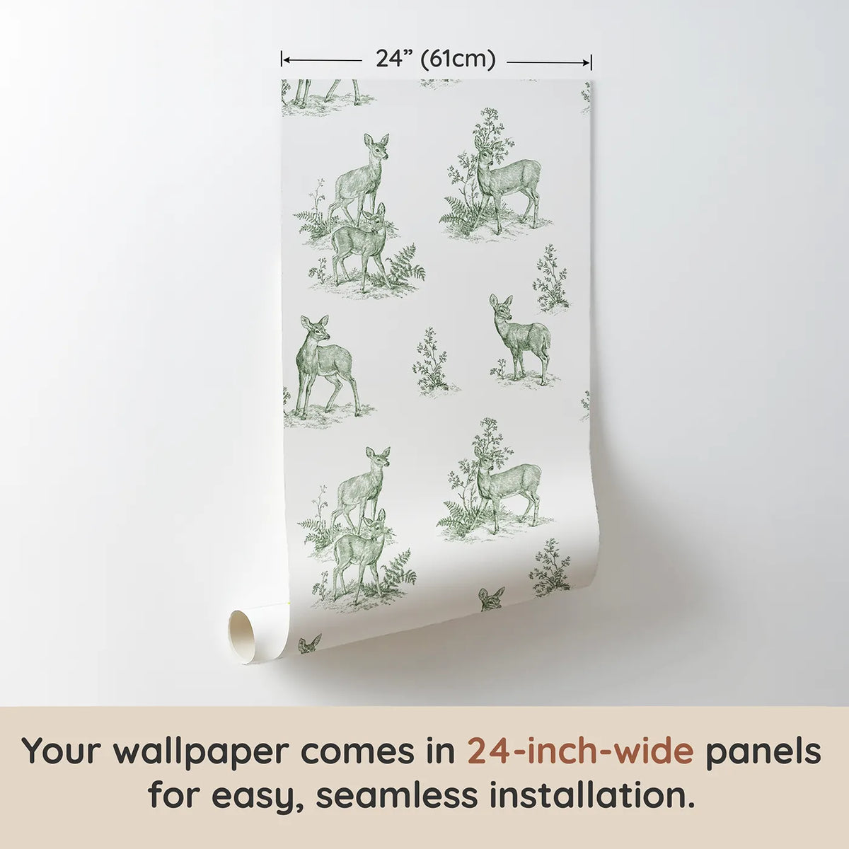 Deer Toile Garden in Green wallpaper panel dimensions - Whimsy Tots