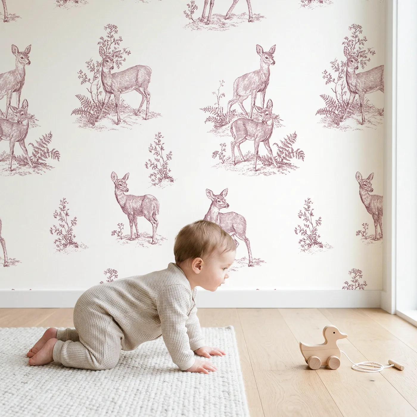 Deer Toile Garden in Pink wallpaper in a cozy kids room - Whimsy Tots