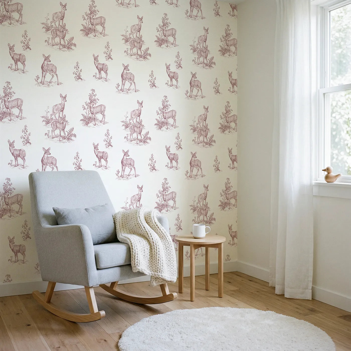 Deer Toile Garden in Pink wallpaper in a styled nursery - Whimsy Tots